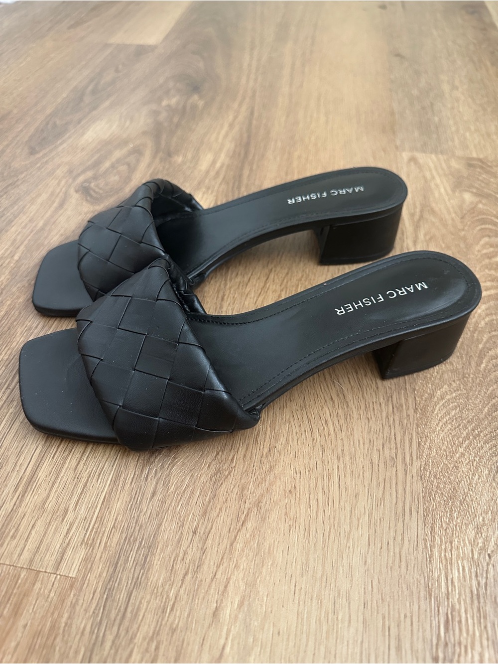 Marc Fisher Black Woven Block Heel Slide Sandals Women’s Size 8M Square Toe